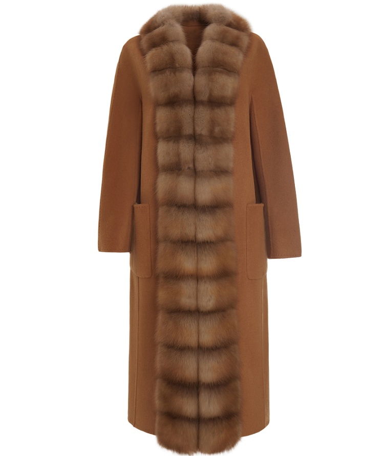 Пальто с опушкой из куницы цвет кэмел 120 см