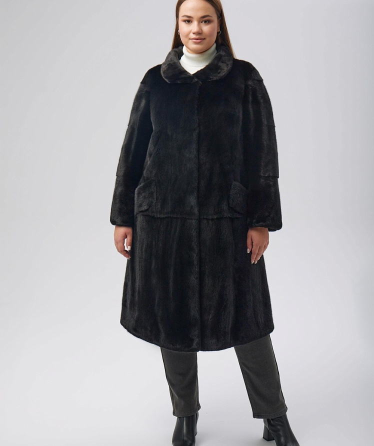 Пальто черное из норки 110 см стойка